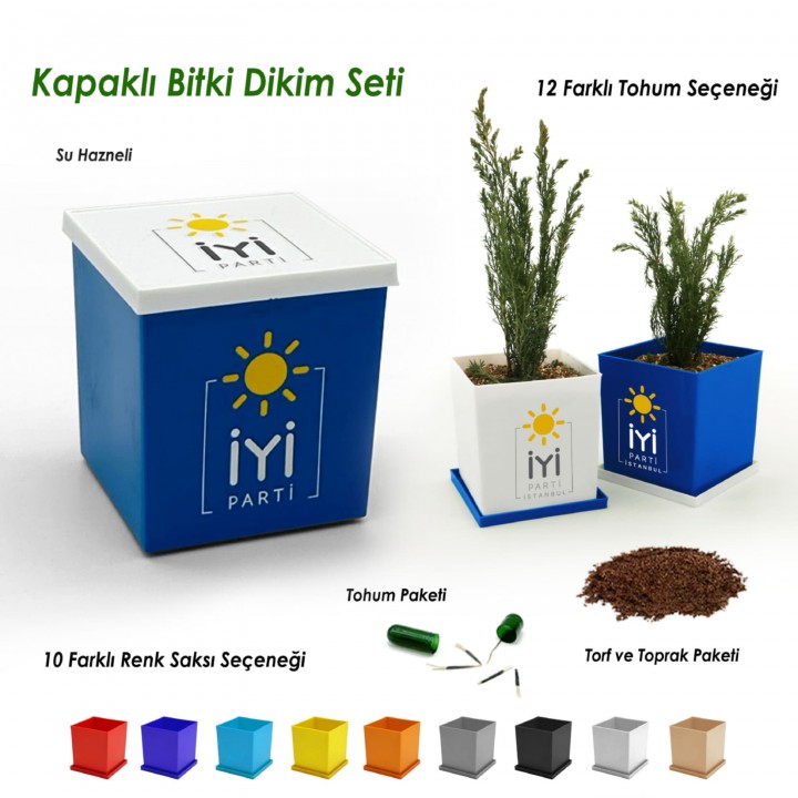 İYİ Parti Logolu Mavi Kare Kapaklı Su Hazneli Bitki Dikim Seti Tohum ve Toprak Paketli Promosyon Model